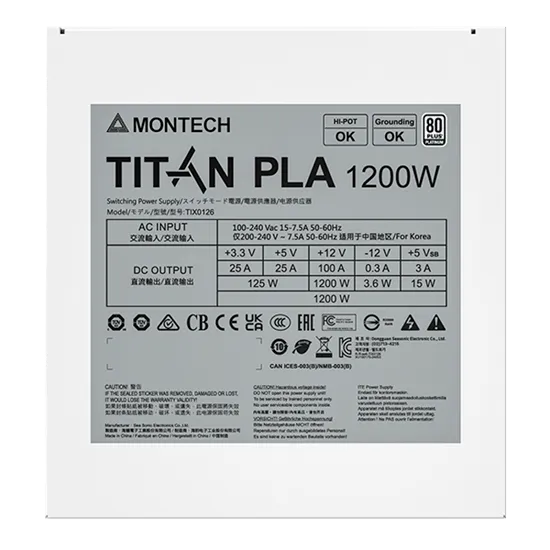 Блок питания Montech 1200W, TITAN PLA 1200W, Full Modular, 80+ PLATINUM, КПД 90%, Fan 135mm, Белый — фото 7