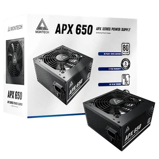 Блок питания Montech 650W, APX 650W, Non Modular, ATX, 80+ WHITE, КПД 90%, Fan 120mm, Черный