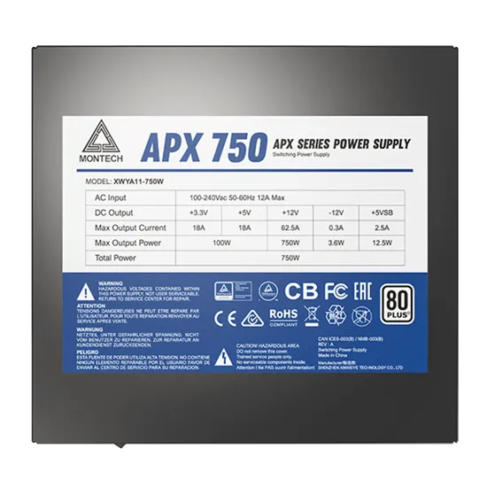 Блок питания Montech  750W, APX 750W, Non Modular, ATX, 80+ WHITE, КПД 90%, Fan 120mm, Черный — фото 5