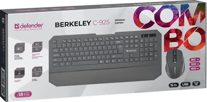Беспроводной Комплект, Клавиатура + Мышь, Defender Berkeley C-925 Nano,B Черн Кл:104+12 М: 6кн RUS — фото 7