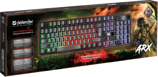 Клавиатура проводная игровая Defender Arx GK-196L, ENG/RUS, USB, радужная подсветка, НОВИНКА! — фото 6