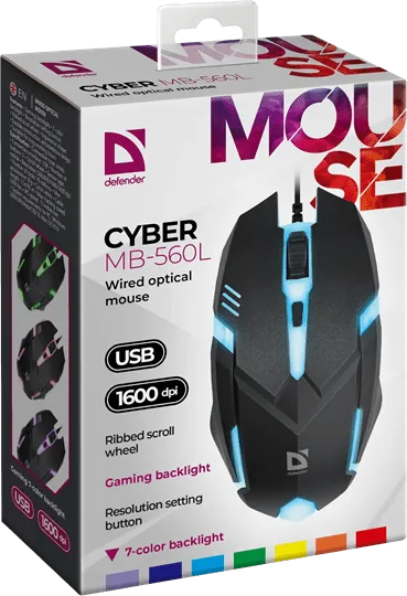 Мышь проводная Defender Cyber MB-560L 7цветов,3кнопки,1200dpi,черный, НОВИНКА! — фото 4
