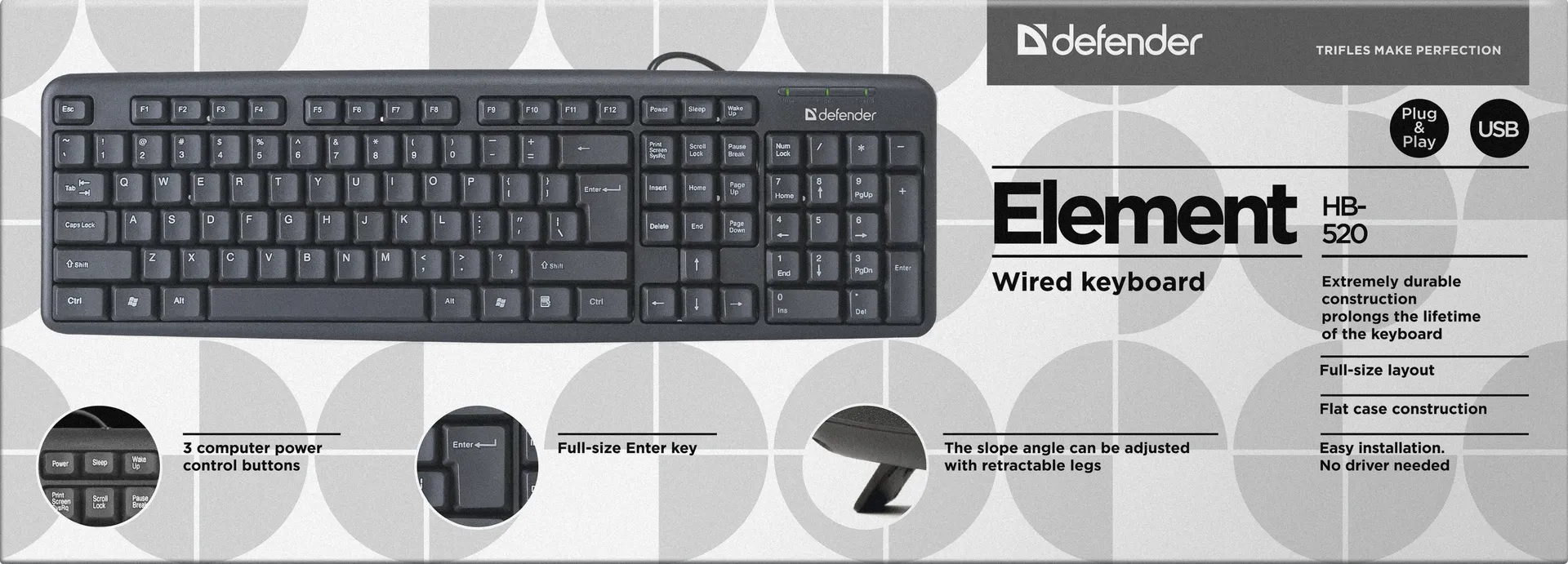Клавиатура Defender Element HB-520 B (Черный), USB, ENG/RUS/KAZ,стандарт — фото 3