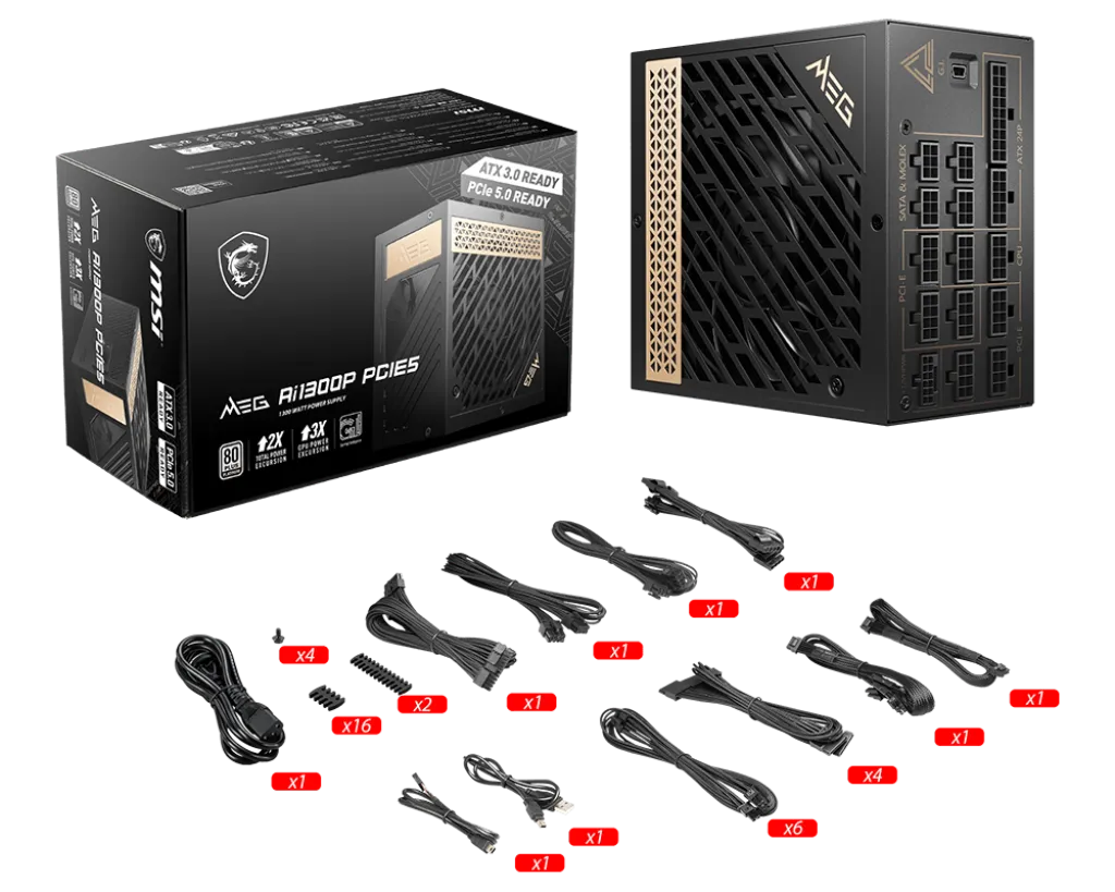 Блок питания MSI 1300W, MEG Ai1300P PCIE5, Full Modular, ATX, 80+ PLATINUM, >92%, Fan 120mm, Черный — фото 5